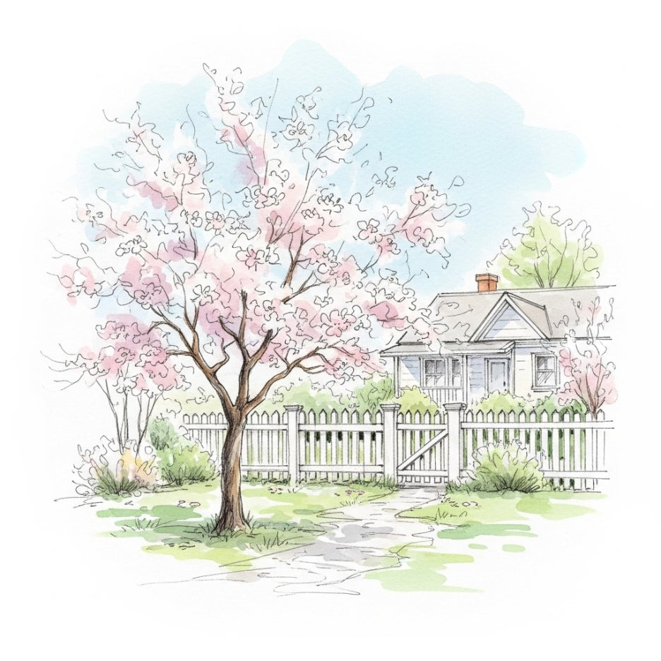 정원이 있는 작은 집의 평화로운 수채화 풍경