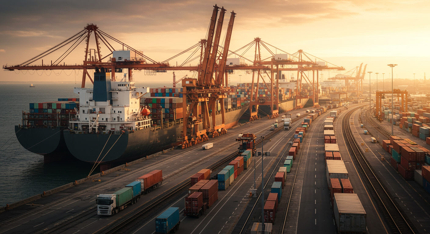 항구에 배가 콘테이너 등을 싣고 콘테이너가 야적되어있는 장면