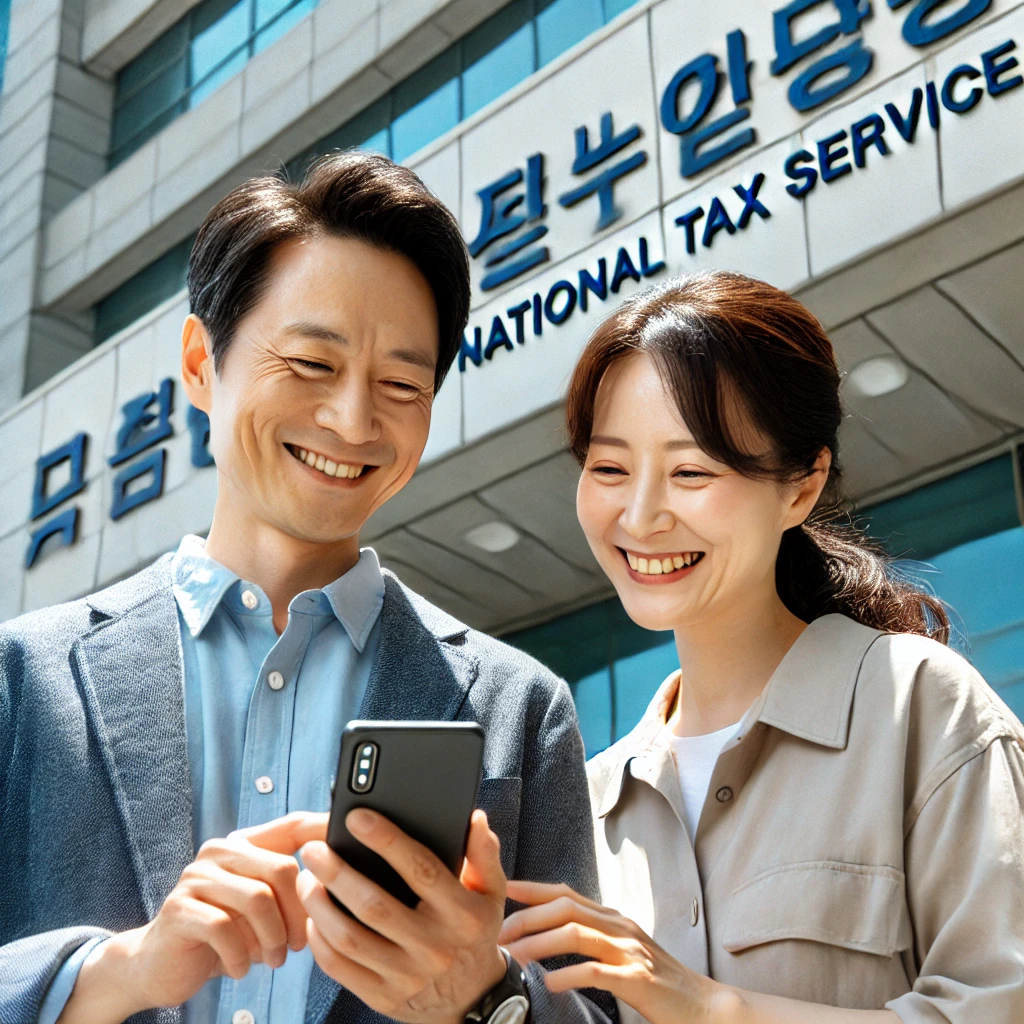 국세청 앞에서 함께 스마트폰을 확인하는 40대 한국 부부