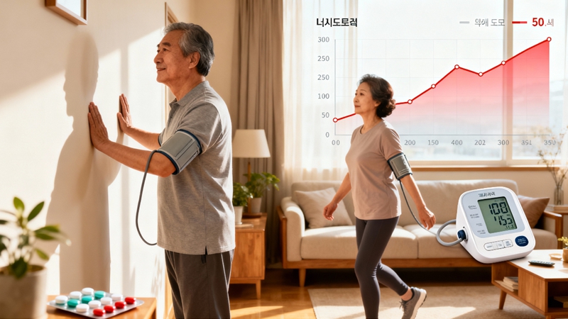 50대 중년 남녀가 집에서 간단한 운동 (등척성 운동, 가벼운 유산소, 심호흡)으로 혈압을 낮추는 모습. 고혈압 개선을 위한 운동 루틴.