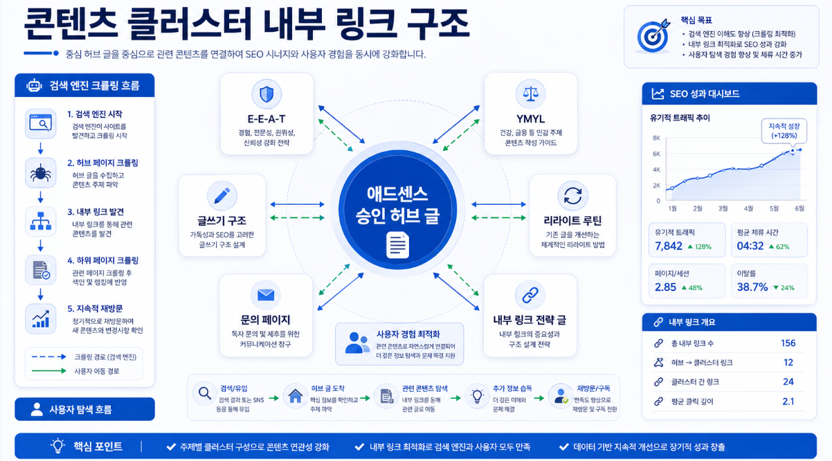 애드센스 승인 글들을 콘텐츠 클러스터로 연결한 내부 링크 구조 전략 이미지
