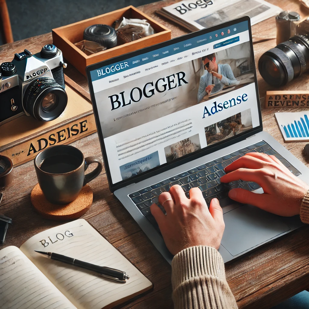 블로거가 아늑한 홈오피스에서 노트북으로 블로그를 작성하는 장면