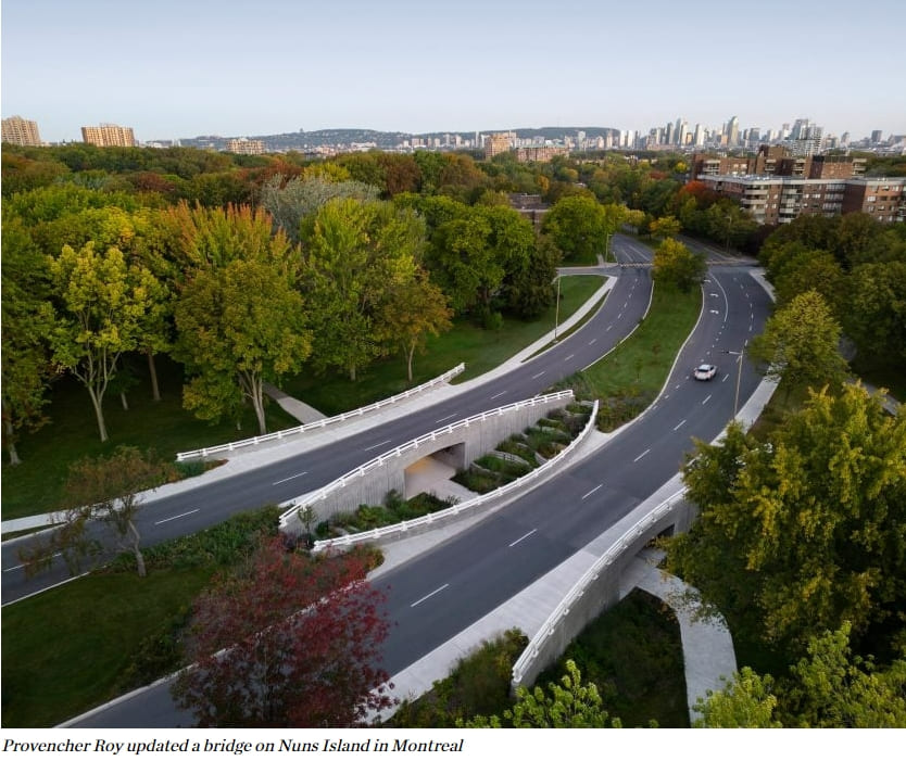 재활용&nbsp;유리&nbsp;사용한 콘크리트로 만들어진 곡선 다리: Darwin Bridges Provencher Roy mixes recycled glass into concrete of sculptural Quebec bridge