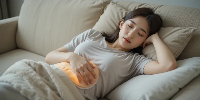 소파에 누워 핫팩을 배에 올린 모습