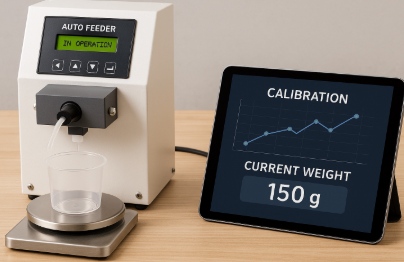 자동 공급기와 전자저울, 그리고 보정 그래프가 표시된 태블릿 화면이 함께 놓인 정밀 보정 장면