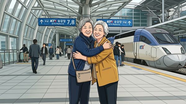 기차역에서 포옹하는 두 여인