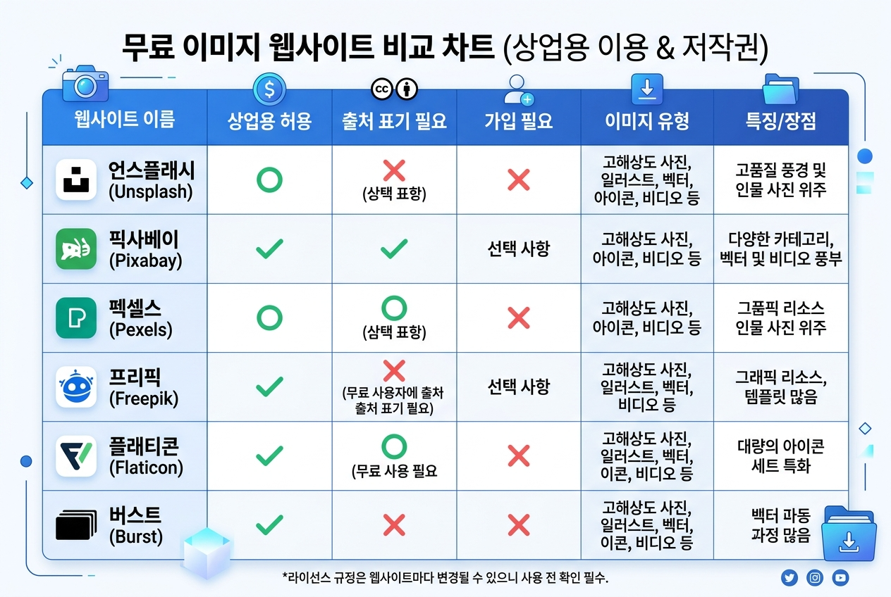무료 이미지 사이트별 특징 비교 인포그래픽