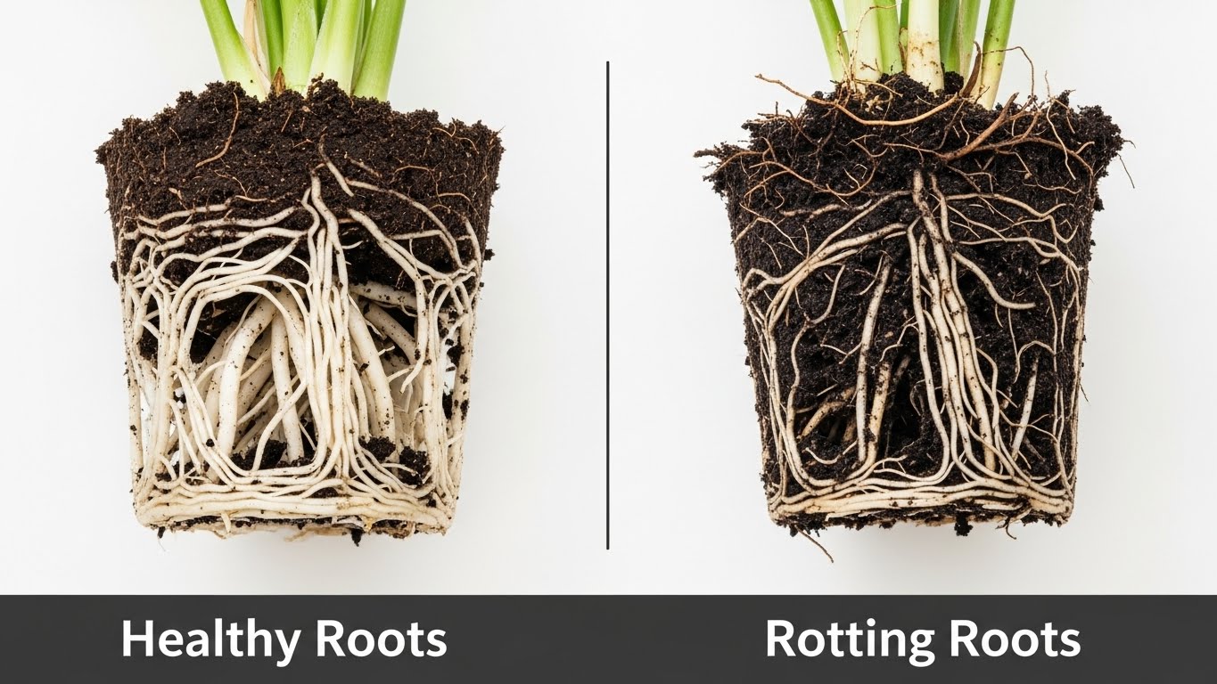 식물을 화분에서 꺼내 건강한 뿌리와 과습으로 썩은 뿌리를 비교한 이미지. 뿌리 썩음 원인과 진단 방법을 설명하는 교육용 대표 이미지.