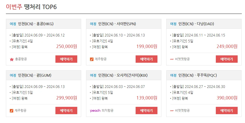 땡처리닷컴 특가 할인 항공권 예시, 홍콩&middot;사이판&middot;괌 특가