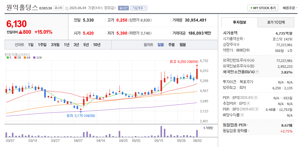 원익홀딩스 일봉차트