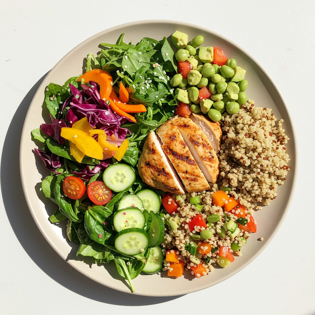 다채로운 샐러드, 구운 닭가슴살, 퀴노아로 구성된 건강하고 균형 잡힌 식단이 담긴 접시.