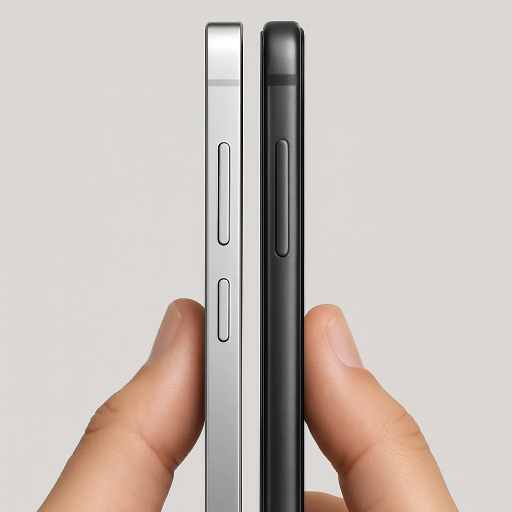 갤럭시 S25 엣지를 다른 스마트폰과 나란히 두께 비교한 클로즈업 이미지