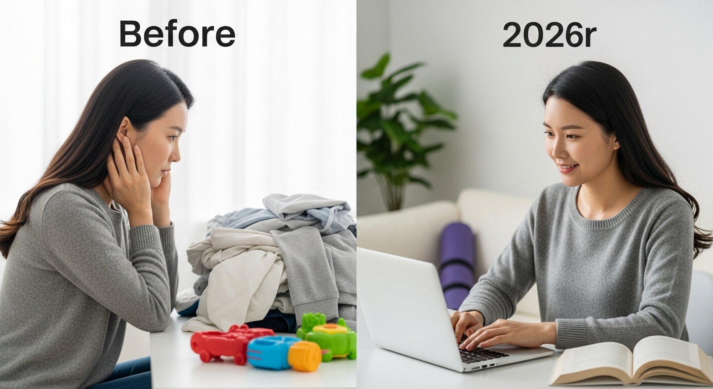 시간 관리 전후의 주부의 모습. 이전에는 지쳐 보이는 모습으로 집안일을 바라보던 주부가, 시간 관리 후 2026년에는 활기찬 모습으로 노트북으로 자기계발을 하고 있는 모습. 요가 매트와 책이 놓여있어 개인성장을 암시한다.