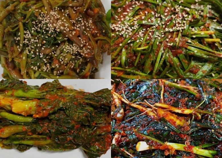 경상도의 미나리김치와 부추김치(상부 좌/우), 전라도의 갓김치와 꼬들빼기 김치(하단 좌/우) 사진