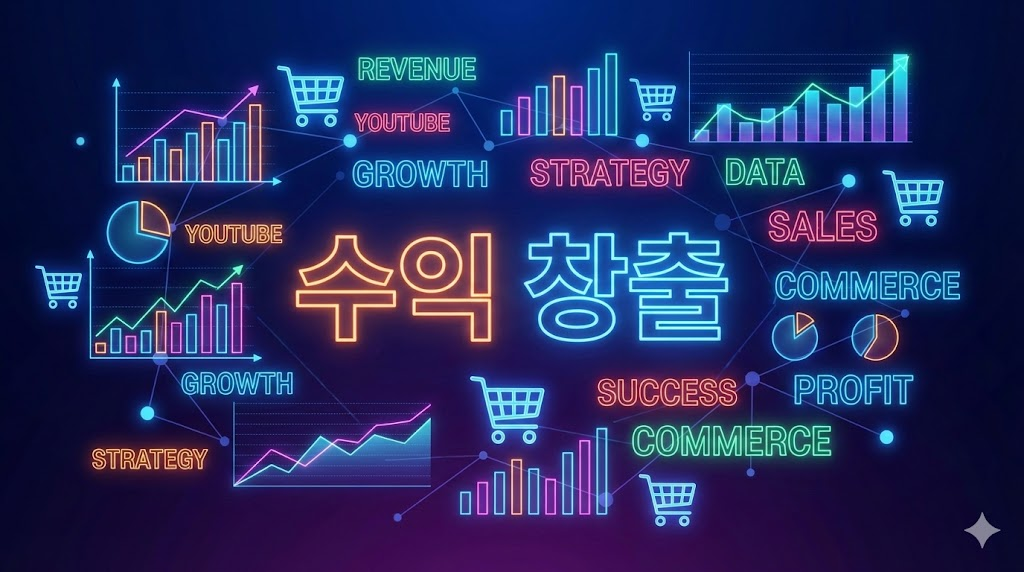 유튜브 스토어를 활용한 고수익 창출 전략을 시각화한 인포그래픽 이미지로 수익 증대를 위한 데이터 분석과 커머스 시스템 구축의 핵심 요소를 전문적인 비즈니스 디자인으로 표현함.
