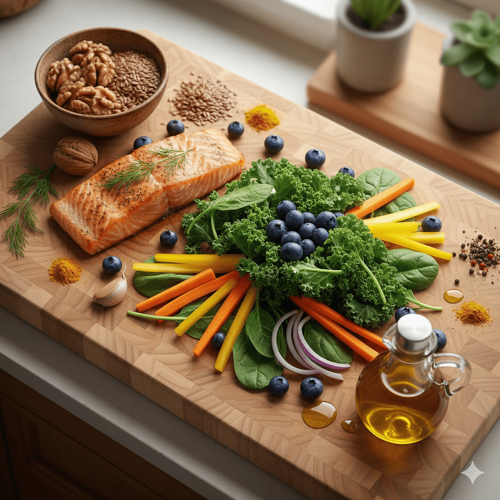 연어,시금치,케일,당근,블루베리,호두 등 항염증 항산화 식단