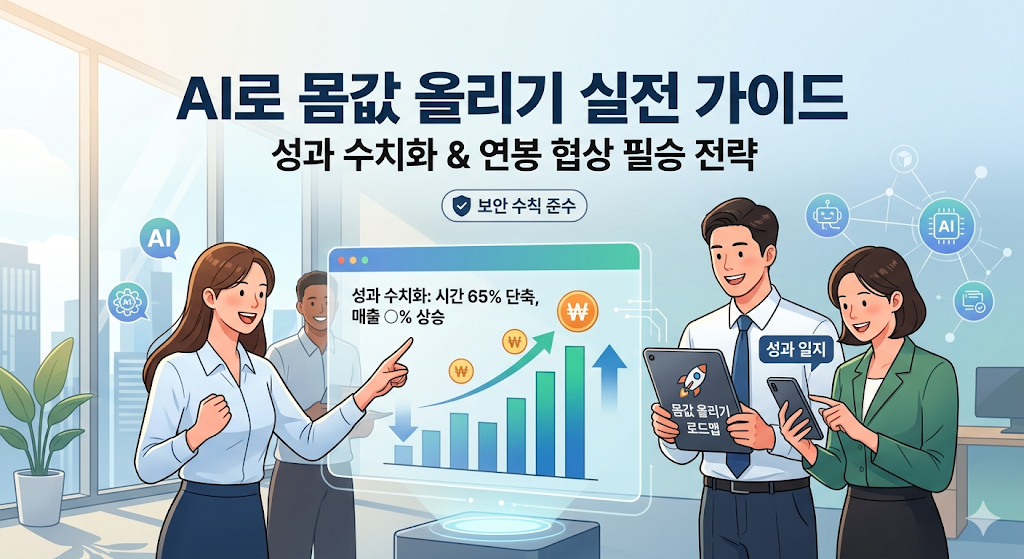 AI를 활용한 직장인 몸값 올리기 및 연봉 협상 전략 인포그래픽. 성과 수치화 그래프를 배경으로 자신감 있게 소통하는 직장인들과 'AI로 몸값 올리기 실전 가이드'라는 문구가 포함된 이미지입니다.