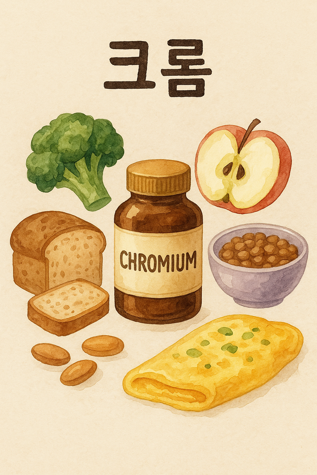 크롬이 풍부한 식품으로 브로콜리, 통곡물 빵, 사과, 렌틸콩, 오믈렛, 견과류가 있다.