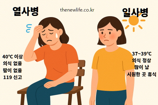 두 명의 여성이 의자에 앉아 각각 열사병과 일사병 증상을 겪는 장면을 묘사한 일러스트. 왼쪽 인물은 열사병으로 고통받고 있으며 땀이 없고 의식을 잃은 모습이고, 오른쪽 인물은 일사병으로 불편한 표정을 지으며 서 있음.