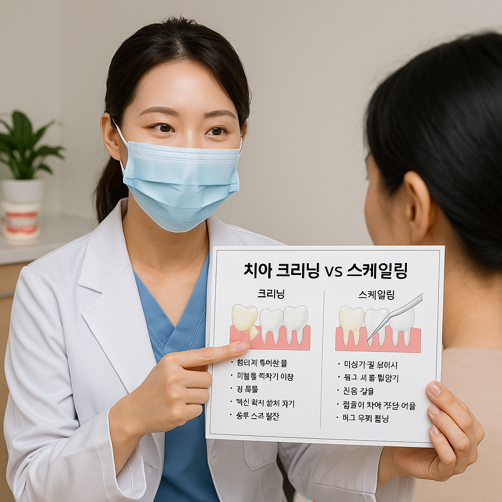 치아 크리닝과 스케일링 차이를 설명하는 장면