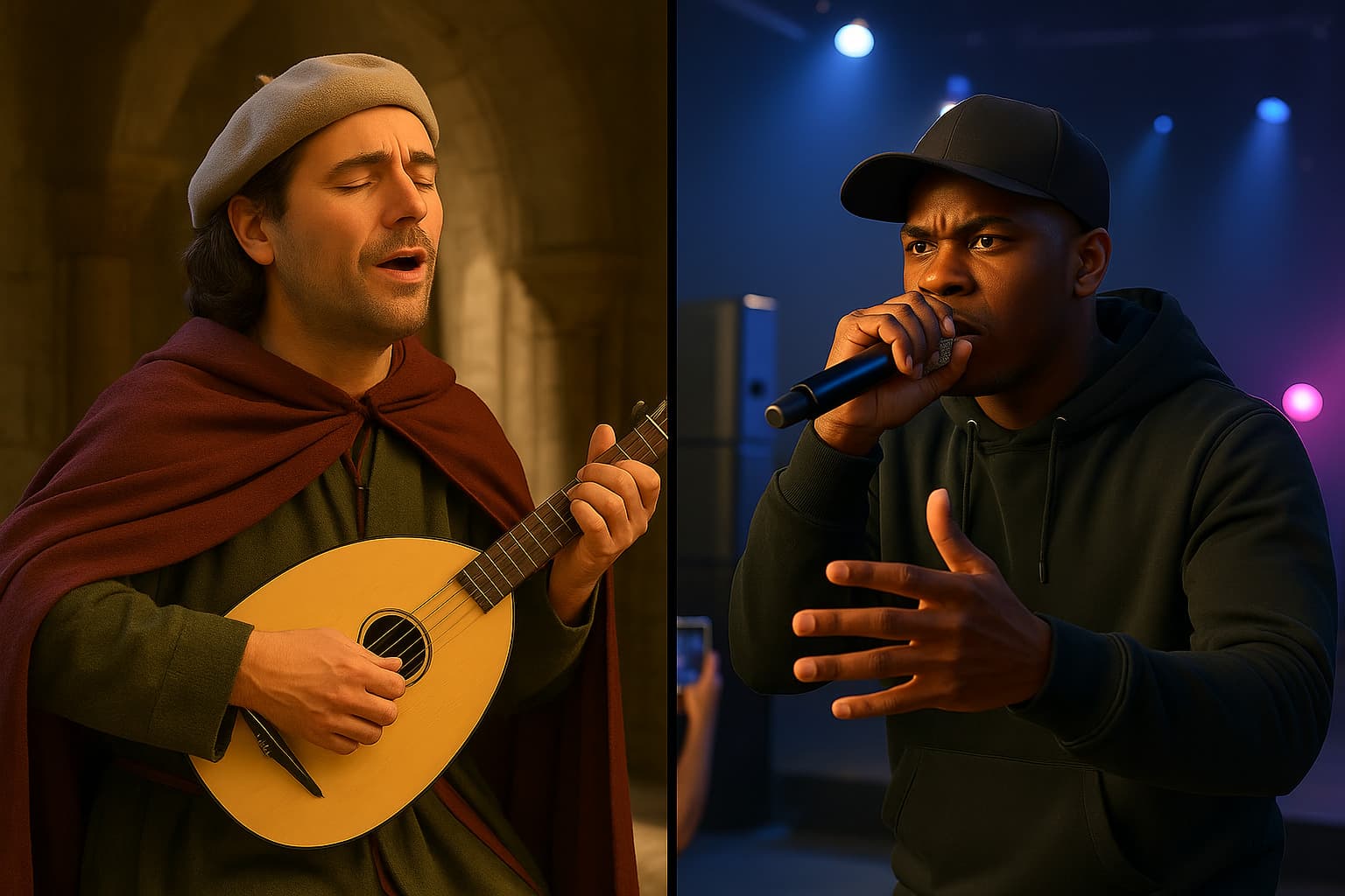 중세의 시(詩)가를 노래하고 있는 모습과 현대 랩 공연을 하고 있는 모습