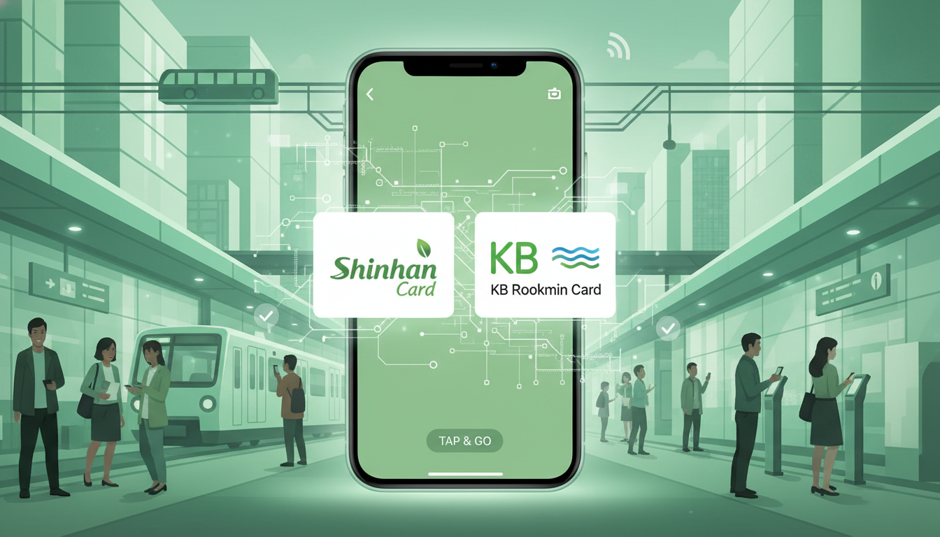 2026년 신한카드 및 국민카드가 등록된 아이폰의 애플페이 화면과 대중교통 노선도가 배경에 있는 이미지.