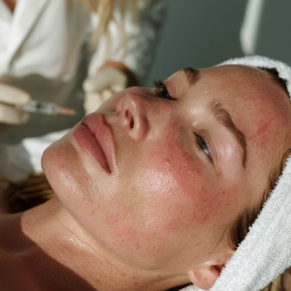 Clinician monitors redness and swelling after 피부 고민별 스킨부스터 유지기간과 시술 주기 treatment in a medical room.