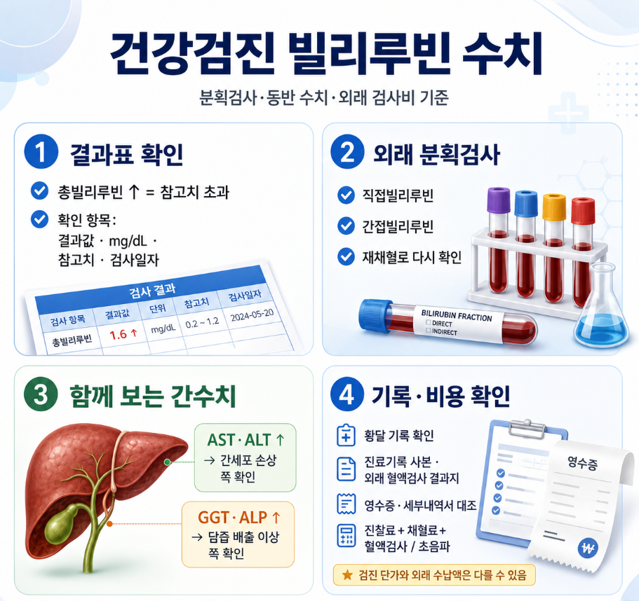 건강검진 빌리루빈 수치와 분획검사, AST&middot;ALT&middot;GGT&middot;ALP, 황달 기록, 외래 검사비 기준을 정리한 메디컬 인포그래픽