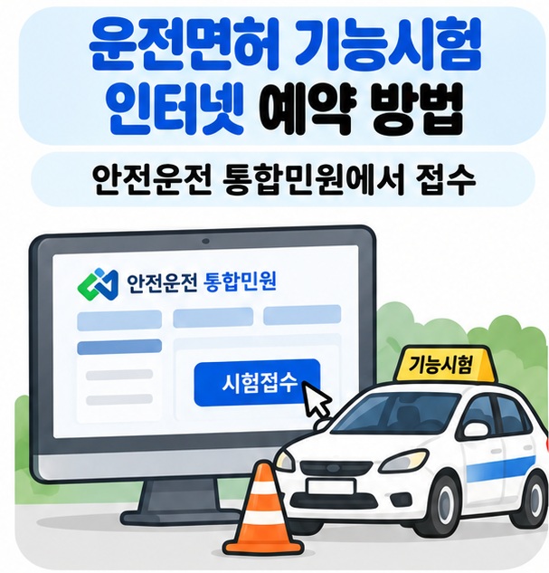 운전면허 기능시험 인터넷 예약 방법을 컴퓨터 화면과 운전면허시험 차량으로 표현한 카드뉴스