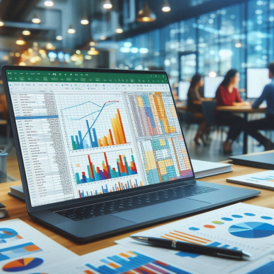 여러 컴퓨터에서 다양한 그래프와 분석 차트가 표시되어 있는 모습.