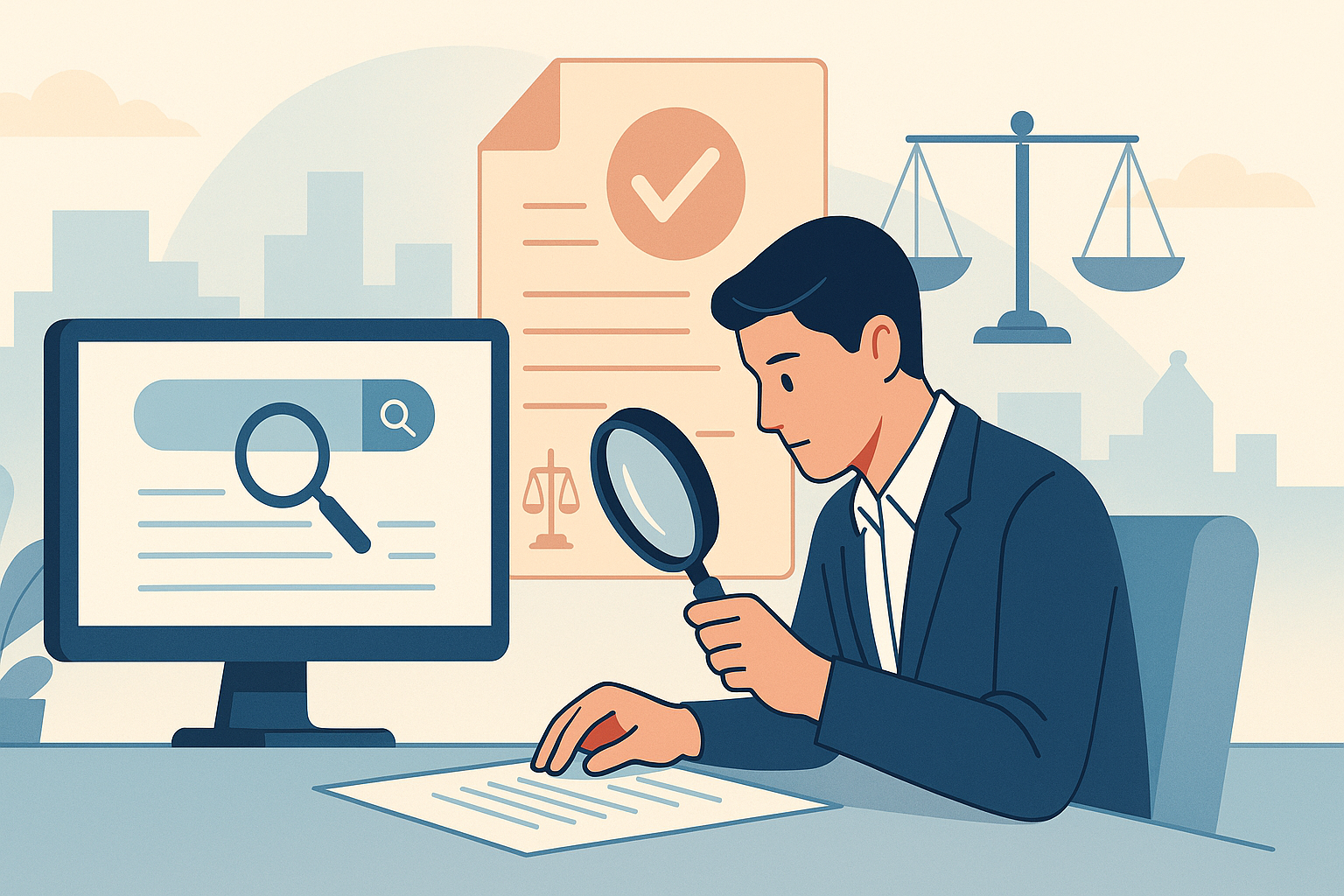 검색 창이 열린 모니터와 저울, 체크 표시가 있는 문서를 배경으로 전문가가 돋보기로 자료를 면밀히 살피는 일러스트 장면으로, 검색 알고리즘 조정과 위계에 의한 고객유인, 플랫폼 자사우대 리스크, 불공정거래행위 기준 및 대법원 2023두38219 판결의 메시지를 상징적으로 표현한 배너형 이미지.