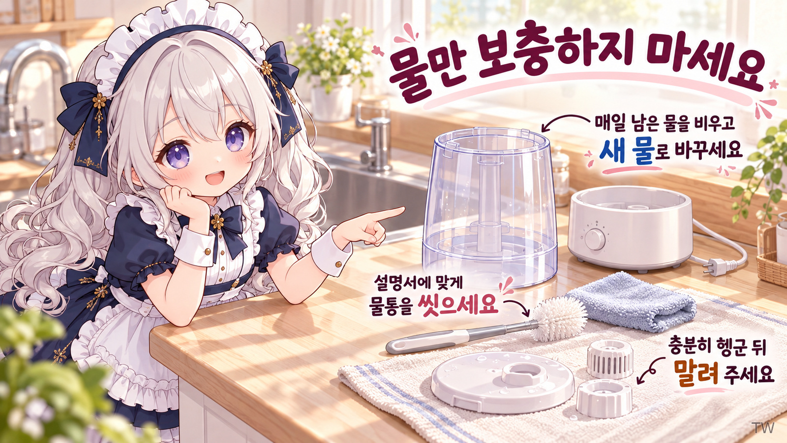 건강 안내 캐릭터가 분리한 물통 옆에서 매일 물 교체, 설명서에 따른 세척, 충분한 헹굼과 건조를 안내하는 인포그래픽