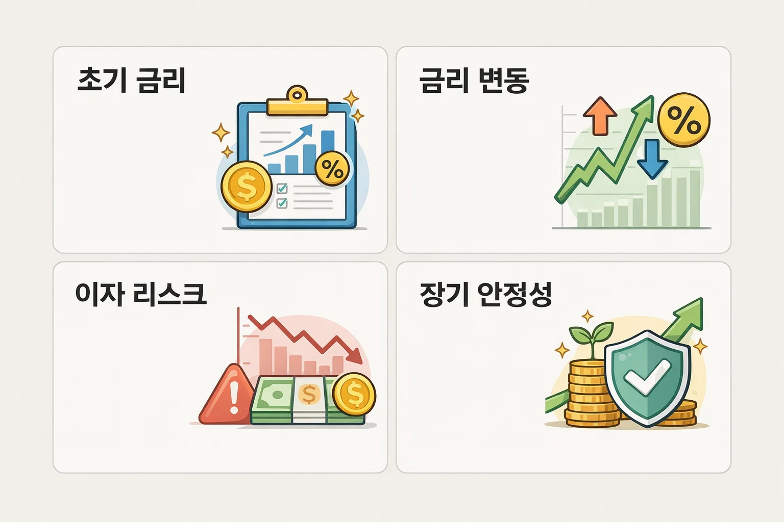 초기 금리&middot;변동 위험&middot;장기 안정성을 기준으로 보금자리론 이자 리스크를 시각적으로 정리한 안내 이미지