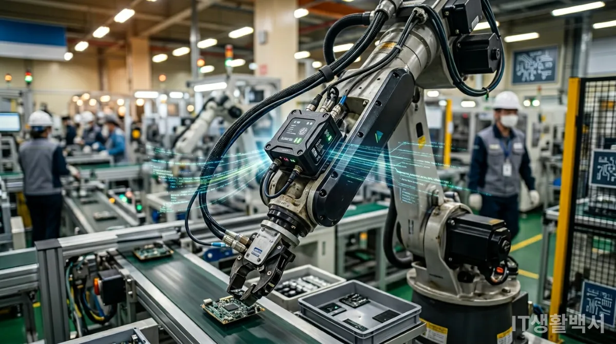 한국 스마트 팩토리에서 로봇 팔의 데이터를 실시간으로 수집하는 첨단 센서 장치