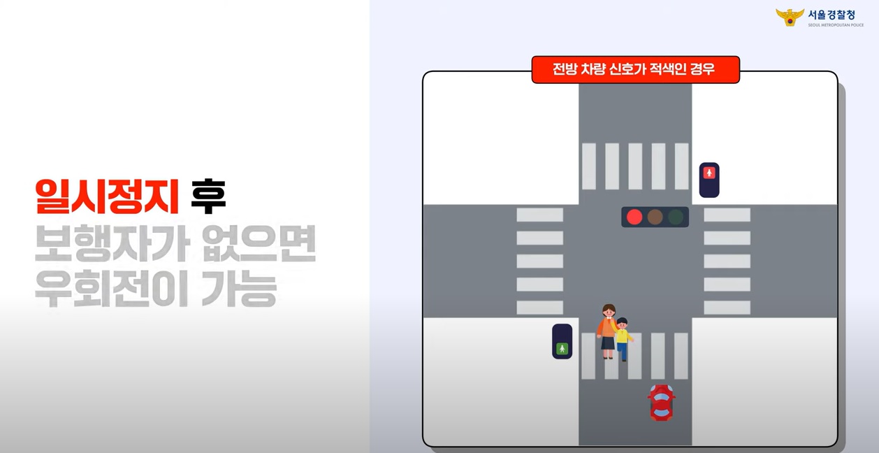 전방차량신호가 적색이지만 횡단보도 신호가 녹색이라면 보행자 유무를 잘 살펴야 합니다.