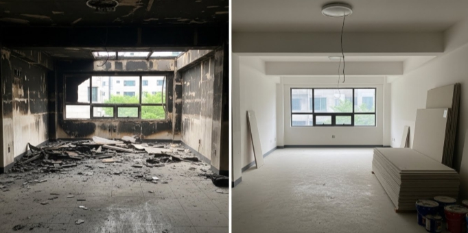 화재 청소 후 복구중