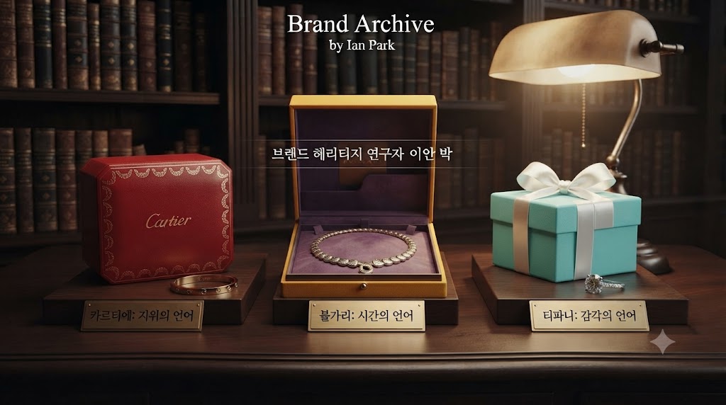 브랜드 헤리티지 연구자 이안 박의 아카이브 서재(image_0.png 배경)에 마련된 비교 전시 테이블입니다. 세 개의 고유한 럭셔리 패키지가 나란히 놓여 있습니다. 왼쪽에는 카르티에의 '레드 박스'와 러브 브레이슬릿이, 중앙에는 불가리의 '사프란 컬러 박스'와 세르펜티 주얼리가, 오른쪽에는 티파니의 '블루 박스'와 다이아몬드 반지가 놓여 있습니다. 각 패키지 아래에는 작은 황금빛 명판이 놓여 있으며, 카르티에에는 "지위의 언어", 불가리에는 "시간의 언어", 티파니에는 "감각의 언어"라고 새겨져 있습니다. 세 브랜드의 확연히 다른 정체성이 한눈에 비교됩니다.