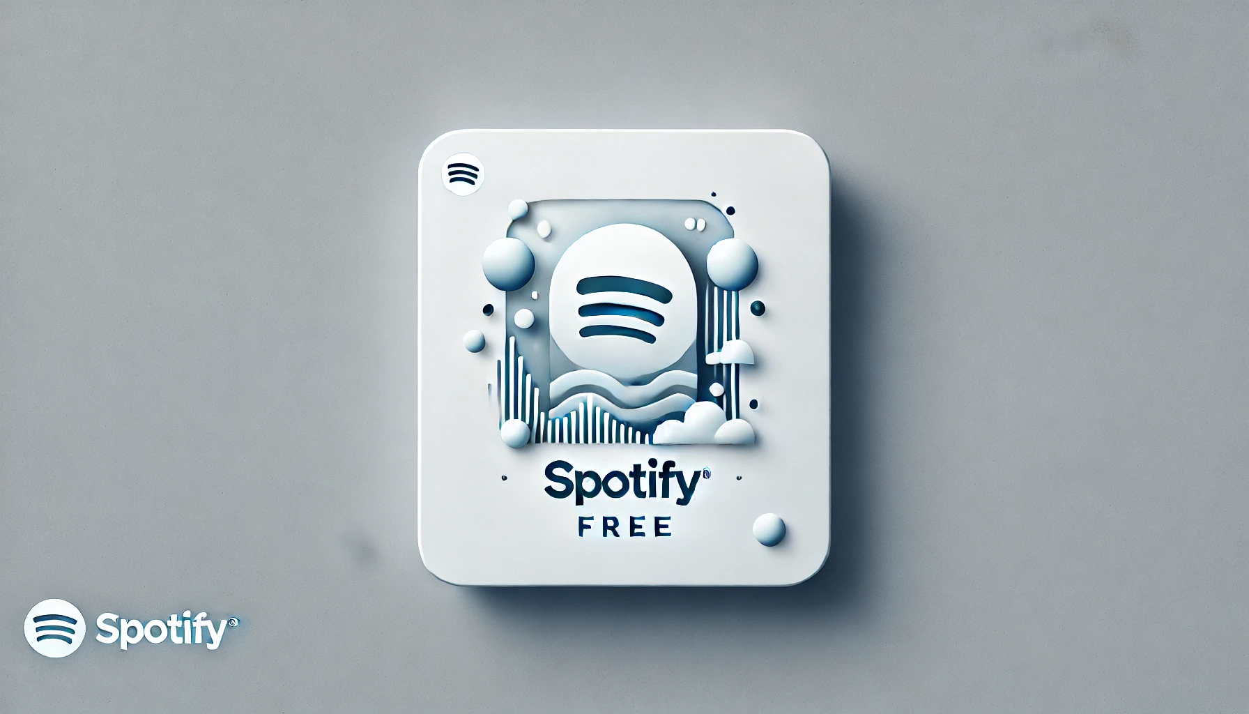 가운데 흰색 사각형 안에 스포티파이 로고가 보이며 그 아래 'Spotify' F R E E 라는 글자가 보입니다. 이는 회색 배경에 있으며 입체감 있는 도형으로 표현되고 있습니다. 또한 배경 왼쪽 모서리에는 'Spotify'라는 글자가 또 보입니다.