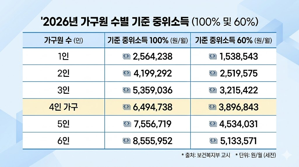 2026년 가구원 수별 기준 중위소득 100% 및 60% 확정 금액 비교 표