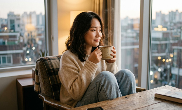 따뜻한 차를 마시며 휴식하는 여성의 라이프스타일 사진
