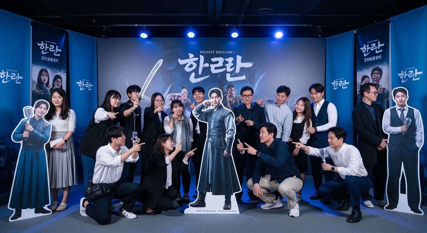 CGV 한란 특별 상영회 테마로 꾸며진 포토존에서 팬들이 즐겁게 사진을 찍는 모습.