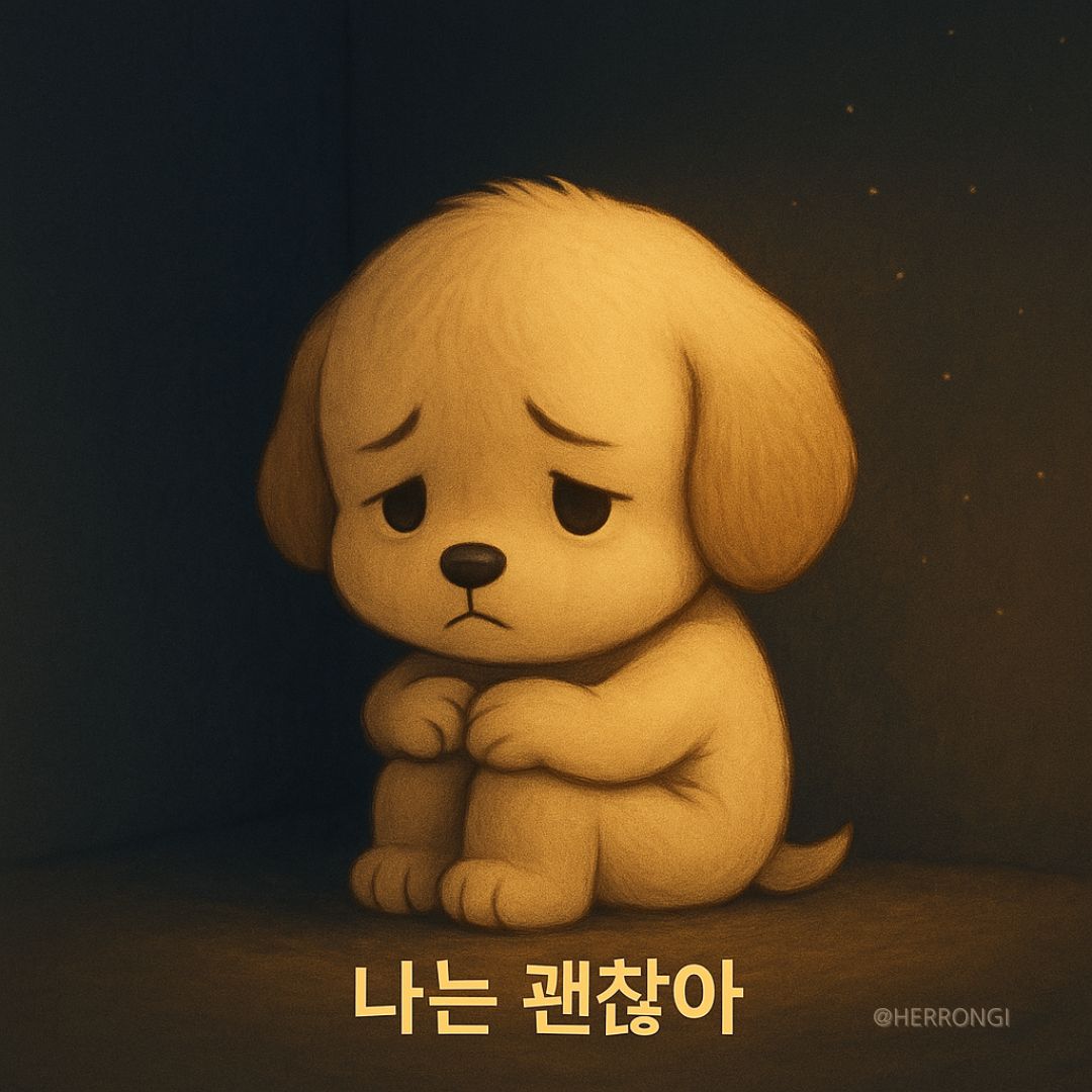 스스로 괜찮다고 위로하며 감정을 억누르고 있는 아이의 마음을 표현하고 있는 이미지