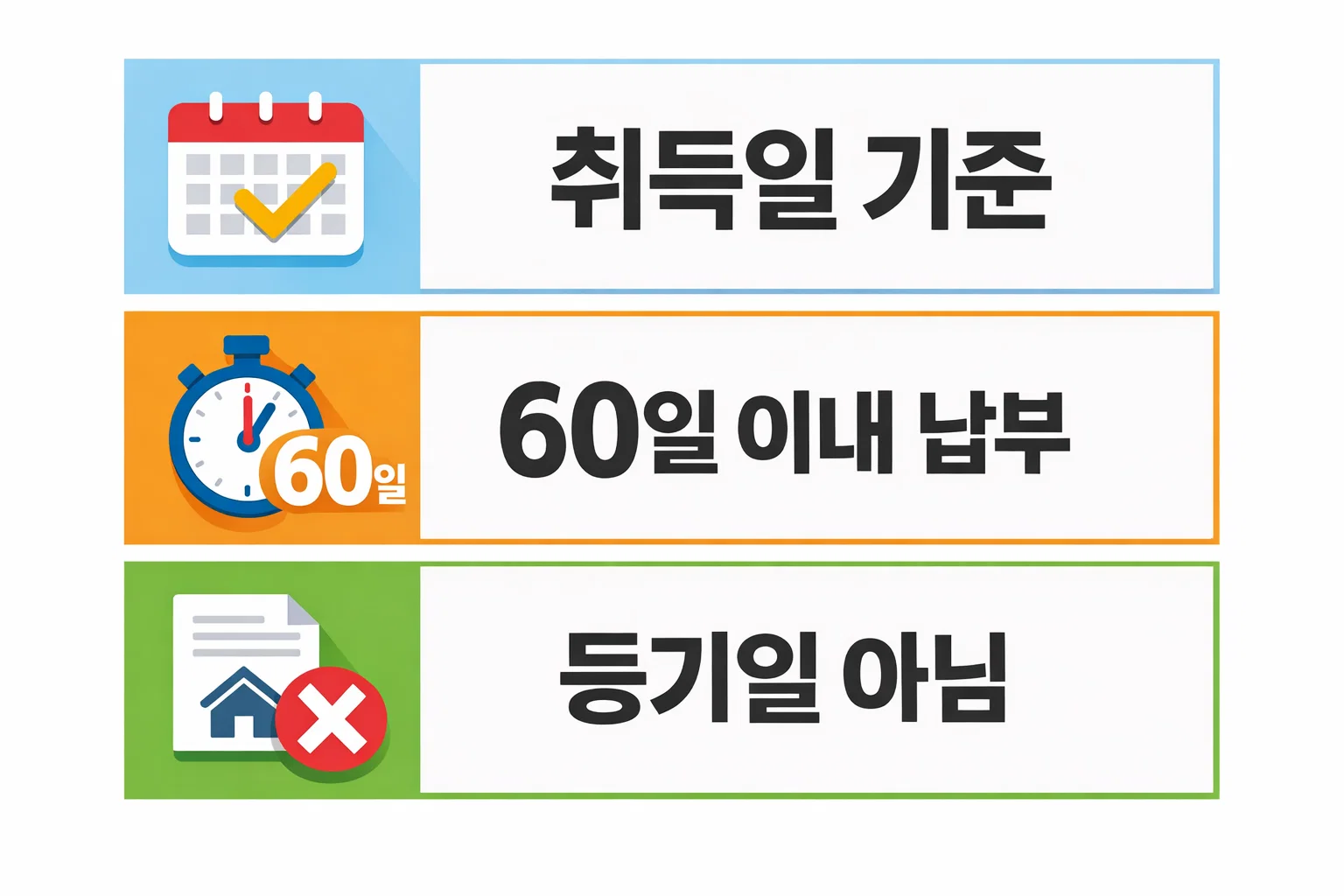 취득세는 취득일을 기준으로 60일 이내 납부해야 하며 등기일 기준이 아니라는 핵심 규정을 정리한 인포그래픽