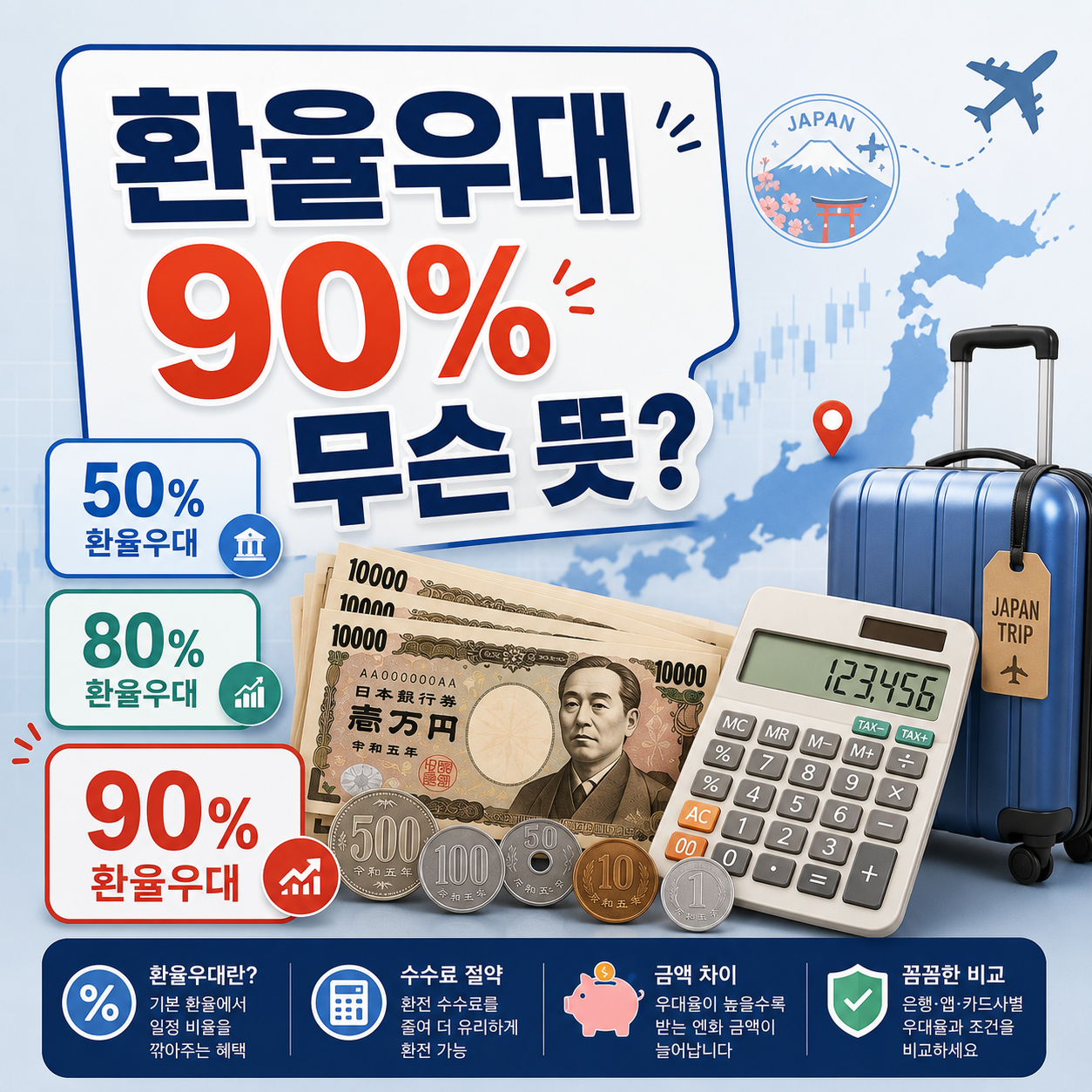 엔화 환전 수수료와 환율우대 개념을 일본여행 환전 기준으로 설명하는 이미지