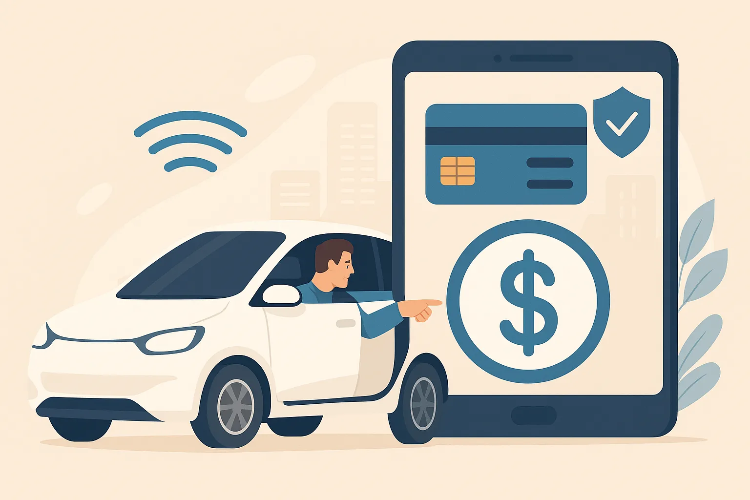 스마트카-결제-시스템이-어떻게-구현될지를-상징적으로-표현한-일러스트-이미지로-자동차와-디지털-결제-아이콘을-묘사