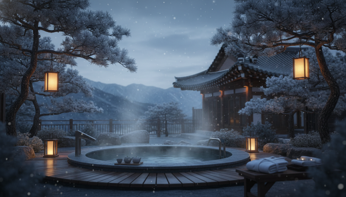 눈 덮인 설경을 배경으로 따뜻한 물에서 김이 피어오르는 럭셔리한 개인 노천온천의 모습. 고급 리조트에서 즐기는 겨울 프리미엄 온천 휴식.