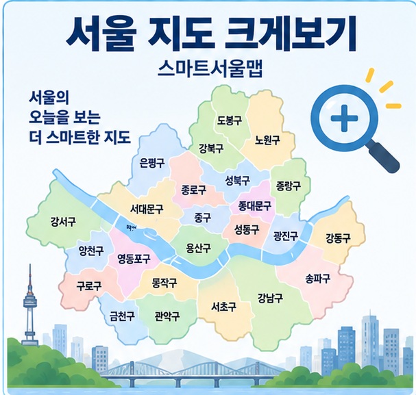 서울 지도 크게보기라는 제목과 서울 25개 자치구 윤곽, 확대 아이콘을 함께 표현한 대표 이미지