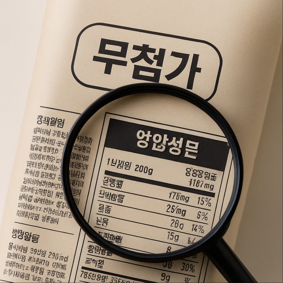 무첨가 식품 표시와 원재료명을 돋보기로 확인하는 모습