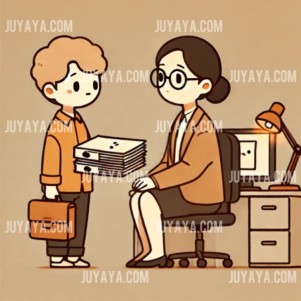 육아휴직 활용법 : 육아휴직을 앞둔 부모가 동료에게 업무 자료를 전달하며 설명하는 장면. 따뜻한 색감과 간결한 배경으로 표현된 웹툰 스타일.