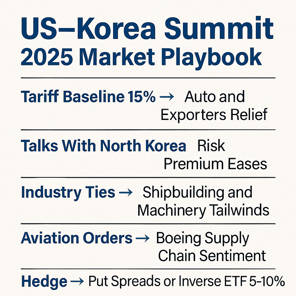 Infographic summarizing US Korea summit 2025 and sector strategies